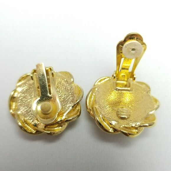 Vintage Faux Pearl Gold Tone Clip On Earrings, Dome Shape, 80s 90s Style - Picture 3 of 6